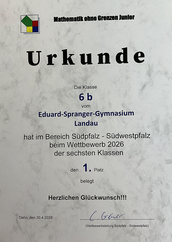 1. Platz für die 6b des ESG bei „Mathematik ohne Grenzen“